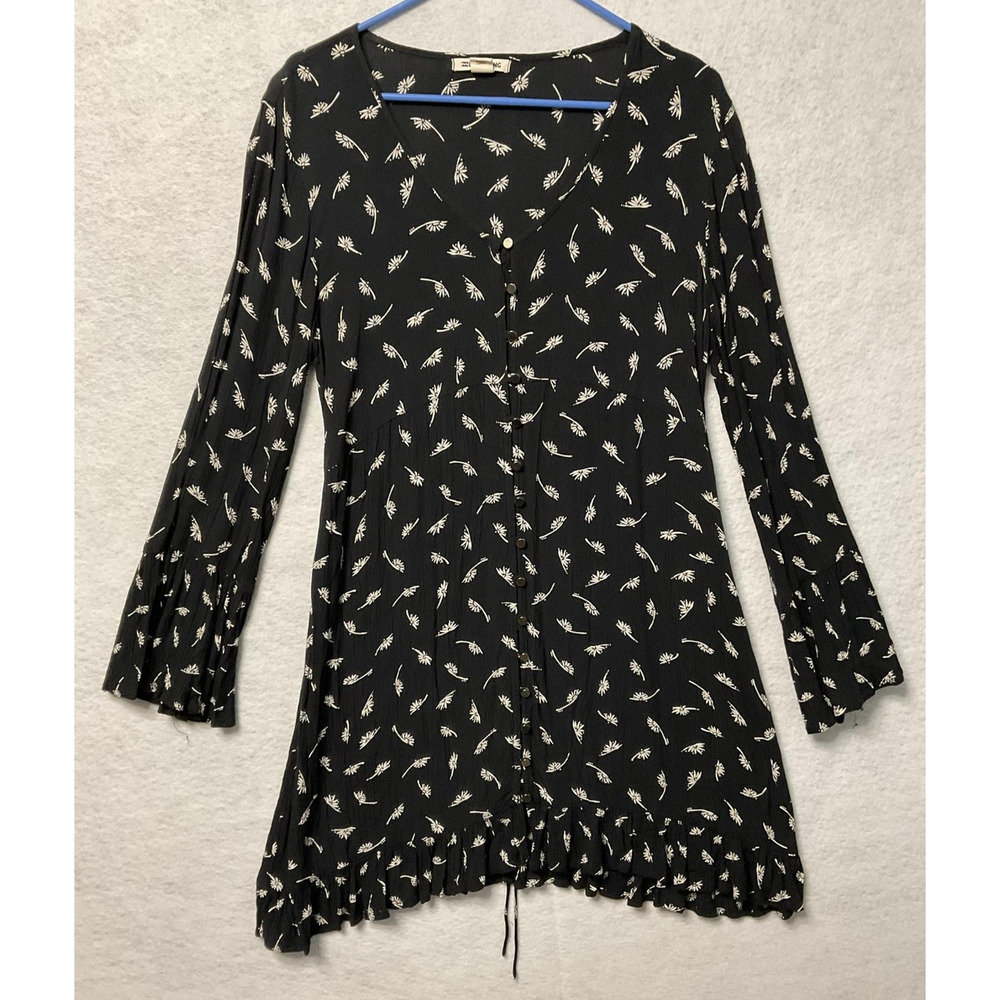 Billabong Dress Womens Large Black Floral Boho Long Sleeve Button Front Viscose